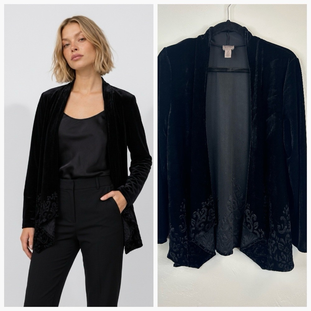 Goth Witchy Black Velvet Cardigan Size L Chicos Vampire Dark Romantic Open Front
